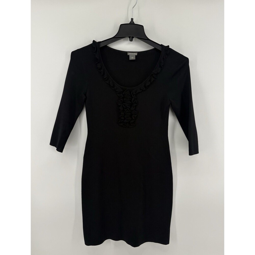 Ann Taylor Black Ruffle Front Knit 3/4 Sleeve Bodycon Sheath Dress Size XS